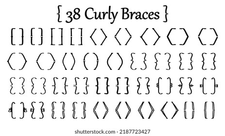 Set of 38 various black curly braces isolated on white background Round, triangular and square brackets Modern and vintage, fantasy lines for typing and typography Vector illustration Flat style