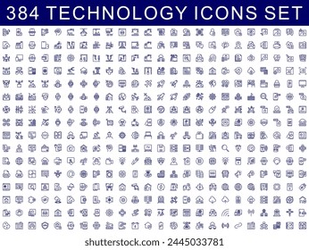 conjunto de 384 iconos de línea de tecnología. base de datos, seo, servidor, cerebro, ciberespacio, robot, búsqueda, automatización, innovación, investigación, almacenamiento, gráfico, conectar, marketing, sistema, Sitio web