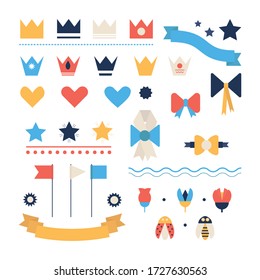Set of 39 beautiful bright flat simple elements of various shapes. Crown, ribbons, banners, bows, flags, stars, hearts, badges, lines, flowers, insects isolated on white background. Multi-colored game