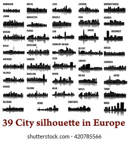 Set of 39 city silhouette in Europe ( London, Berlin, Madrid, Dortmund, Warsaw, Palermo, Liverpool, Brussels, Barcelona, Paris, Bucharest, Antwerp, Valencia, Zaragoza, Lyon, Palermo, Dusseldorf,  )