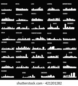 Set of 39 city silhouette in Europe ( London, Berlin, Madrid, Dortmund, Warsaw, Palermo, Liverpool, Brussels, Barcelona, Paris, Bucharest, Antwerp, Valencia, Zaragoza, Lyon, Palermo, Dusseldorf,  )