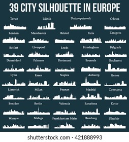 Set of 39 city silhouette in Europe ( London, Berlin, Madrid, Dortmund, Warsaw, Palermo, Liverpool, Brussels, Barcelona, Paris, Bucharest, Antwerp, Valencia, Zaragoza, Lyon, Palermo, Dusseldorf,  )