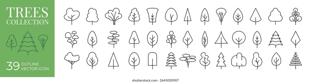 Set of 39 different tree icons in linear style. Minimalist forest and nature outline vector collection. Tree symbol pack. Ecology and landscape design concept