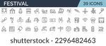 Set of 39 line icons related to festival, holidays, event. Outline icon collection. Editable stroke. Vector illustraton.