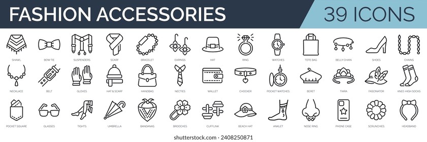 Set of 39 outline icons related to fashion accessories. Linear icon collection. Editable stroke. Vector illustration