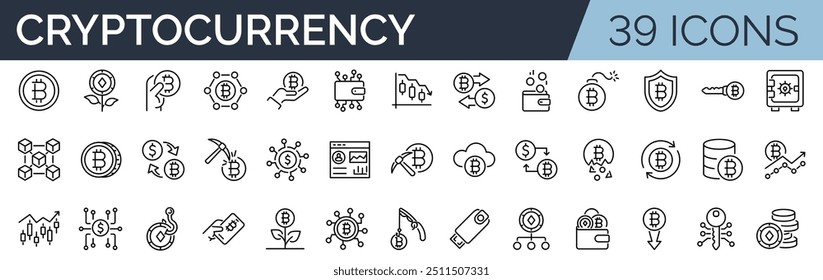 Set of 39 outline icons related to cryptocurrency. Linear icon collection. Editable stroke. Vector illustration