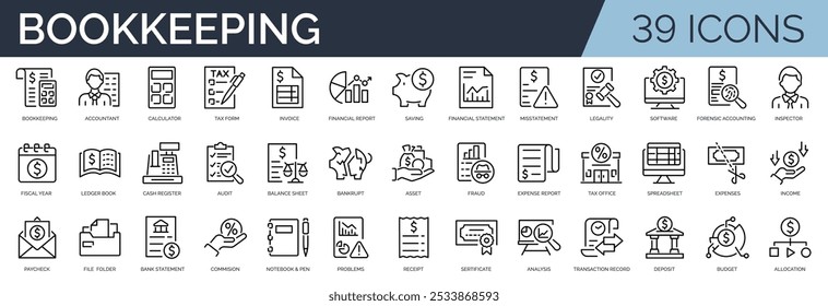 Conjunto de 39 ícones de estrutura de tópicos relacionados à contabilidade. Coleção de ícones linear. Traçado editável. Ilustração vetorial