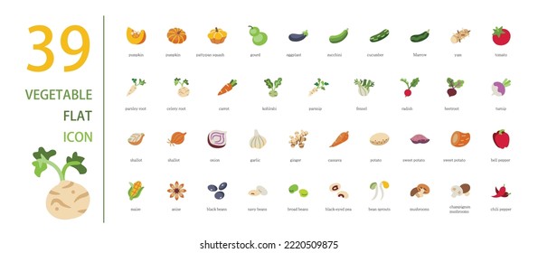 Set of 39 Vegetable icons, flat style.