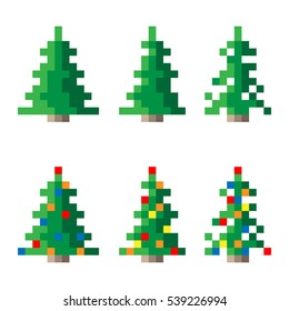 Set of 3d 8-bit fir trees on a white background