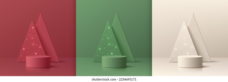 Set of 3D abstract background with red, cream, green realistic cylinder podium. Neon bulb light on triangles christmas tree. Vector mockup product display. New year minimal wall scene. Stage showcase.