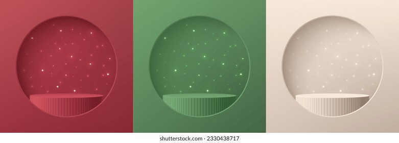 Set of 3D abstract background with red, cream, green realistic cylinder podium. Neon bulb light in circle window. Vector mockup product display. Christmas new year minimal wall scene. Stage showcase.