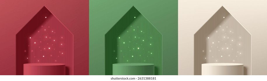 Set of 3D abstract background with red, cream, green realistic cylinder podium. Neon bulb light in triangles christmas tree. Vector mockup product display. New year minimal wall scene. Stage showcase.