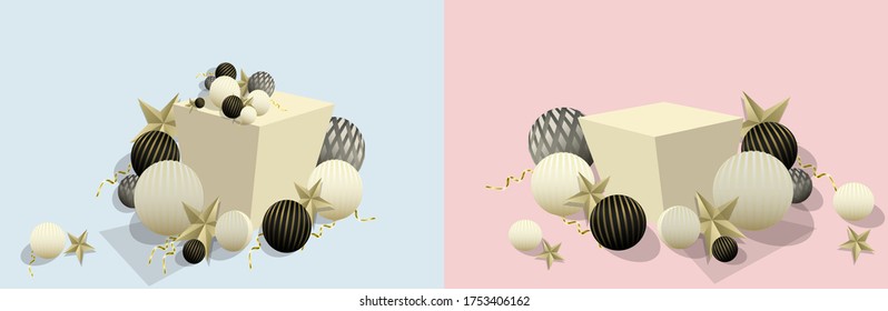 Set 3d abstract blue and pink background with christmas decorations  and a podium. 3D spheres, black in a gold strip, light, serpentine and a gold star. layout. 2021 year
