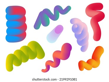 Set of 3d abstract colorful twisted fluid shapes. Creative design elements. Vector modern neon gradient spiral elements for banner, placard, poster isolated on white background