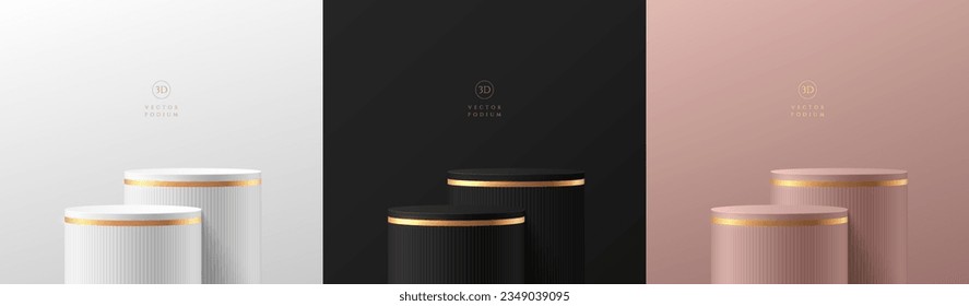 Set von abstrakten 3D-Zylinder Stehpodiumhintergrund in schwarz, goldener, silber und rosafarbener Farbe. Minimal-Szene-Mock-up Produkt-Präsentation, Stage-Showcase. Platziert das geometrische Vektordesign.