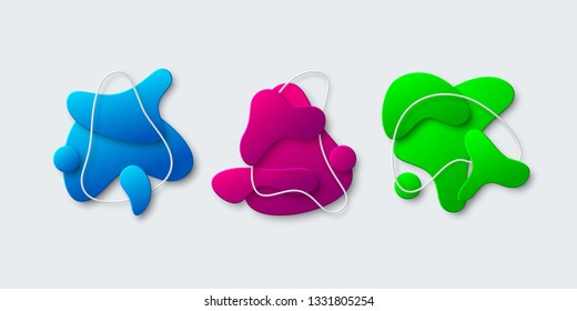 Set of 3d abstract geometric liquid shapes with fluid gradient color and white frame. Isolated on white. Modern minimal design. Vector.