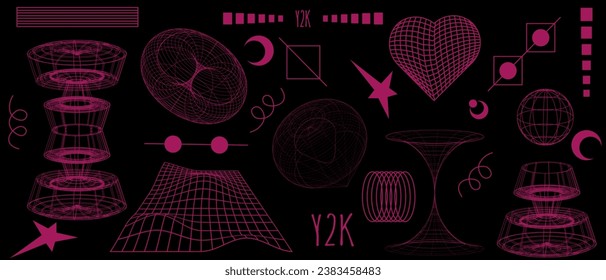 Set 3d abstract Geometric y2k aesthetic shapes with purple wireframe. Geometry figure retro design. Vector illustration for social networks, web pages, website, banners and posters.