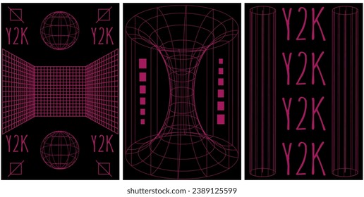 Set 3d abstract Geometric y2k aesthetic background with purple wireframe shapes. Geometry shapes retro design. Vector illustration for social networks, web pages, website, banners and posters.