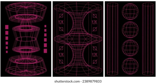 Set 3d abstract Geometric y2k aesthetic background with purple wireframe shapes. Geometry shapes retro design. Vector illustration for social networks, web pages, website, banners and posters.