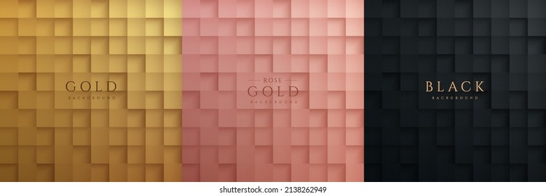 Set of 3D abstract golden, pink gold and black square pattern background design. Collection of luxury geometric background. Design for cover template, poster, banner web, print ad. Vector illustration