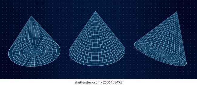 Set of 3D abstract image with 3 wireframe mesh cones displayed on a dotted grid background. The geometric shapes in a Y2K retro design, combining futuristic and digital elements.