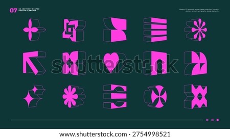 Set of 3D abstract modern geometric shapes and vector elements. Perfect for futuristic branding, UI UX design, poster layouts, and contemporary graphic projects. Vector EPS10 graphics.