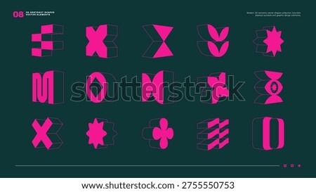 Set of 3D abstract modern geometric shapes and vector elements. Perfect for futuristic branding, UI UX design, poster layouts, and contemporary graphic projects. Vector EPS10 graphics.