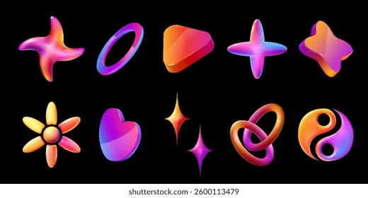 Set of 3D abstract neon colorful y2k shapes. Collection of gradient vibrant trendy color futuristic elements.