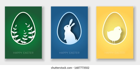 Set of 3d abstract paper cut banner of rabbit, chicken, plant and eggs. Happy easter greeting card template.