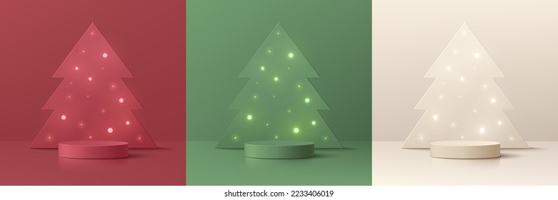 Set of 3D abstract with red, cream, green realistic cylinder podium. Neon light bulb on christmas tree background. Vector geometric forms. Mockup product display. Minimal wall scene. Stage showcase.