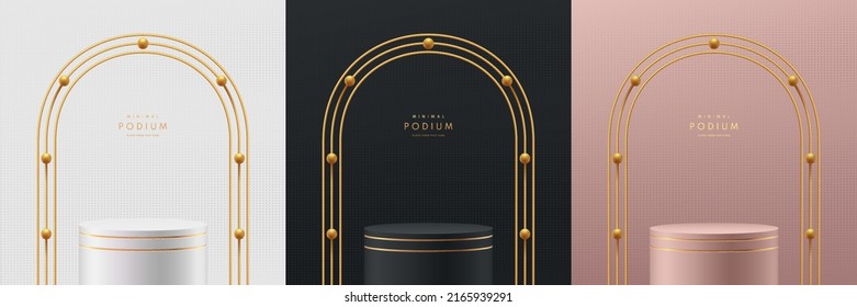 Set of 3D abstract room with stand podium. Black, gold, silver and pink gold geometric forms with golden arch and beads. Luxury scene for mockup products display. Stage Showcase. Vector Illustration.