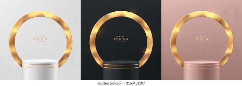 Set of 3D abstract room with stand podium. Black, gold, silver and pink gold geometric forms with shinny golden circle ring. Luxury scene for mockup products display. Stage Showcase. Vector Geometric.