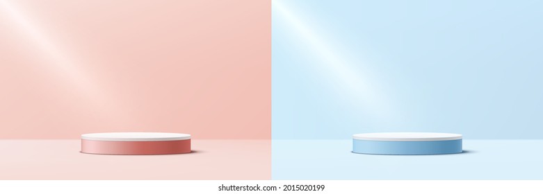 Set of 3D abstract studio room with pedestal podium. Pastel pink and blue geometric platform collection. Modern minimal wall scene for demonstration of cosmetic products. Showcase, Promotion display.