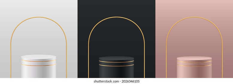 Set of 3D abstract studio room with pedestal podium. Black, Gold, Silver and Pink gold geometric platform with golden arch. Luxury scene for demonstration of cosmetic products. Showcase, Display case.