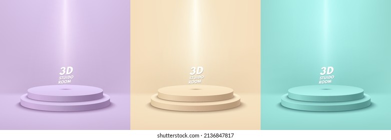 Set of 3D abstract studio room with realistic pedestal podium. Purple, beige and green vector geometric forms. Pastel scene for demonstration of cosmetic products, Stage showcase, Promotion display.