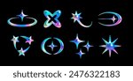 Set of 3d abstract y2k shapes – star, comet, spark, crescent. Vector holographic chrome objects with shiny rainbow surface for cosmic, sci-fi, retrofuturistic, cyberpunk, celestial designs