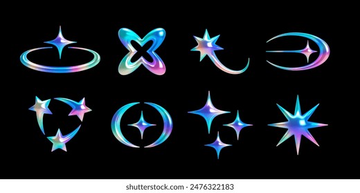 Set of 3d abstract y2k shapes – star, comet, spark, crescent. Vector holographic chrome objects with shiny rainbow surface for cosmic, sci-fi, retrofuturistic, cyberpunk, celestial designs