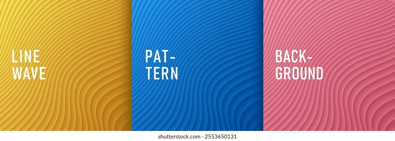 Set of 3D abstract yellow, pink, blue curve wave lines stripes background. Simple flat minimal pattern design with copy space. Use for cover template, poster, web banner, Print ad. Vector EPS10.