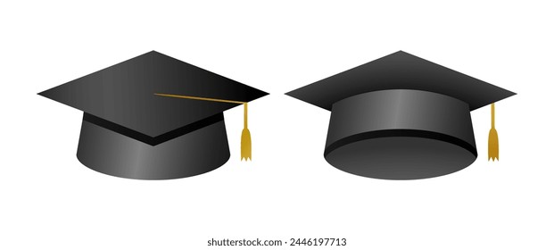 Conjunto de sombreros académicos 3D. Artículos educativos. Colección de graduación. Sombrero universitario con borla dorada. Diseño realista del Vector de la gorra de la graduación. Motarboard negro. Abstractas Plantilla. Elemento de Anuncio escolar