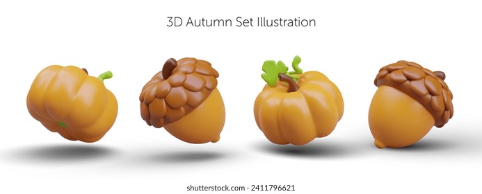 Set of 3D acorns and pumpkins in cartoon style. Decorative natural edible elements, view from different sides. Orange detailed illustrations with shadows