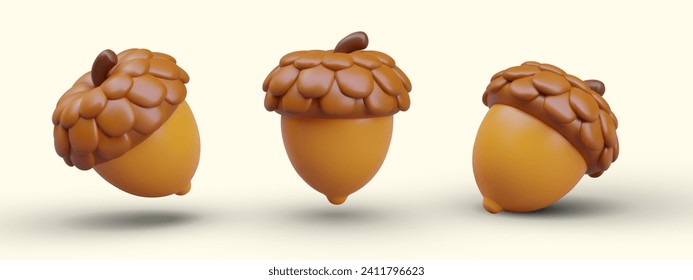 Set of 3D acorns, view from different sides. Templates for autumn creatives. Oak seed. Concept of restoring trees in nature. Natural materials for children handicrafts, decorations