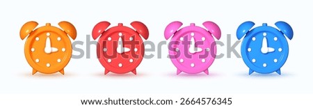 Set of 3D alarm clock emoji icons featuring colorful table clocks in blue, yellow, pink, and red. Perfect for representing wake up time, reminders, and daily schedules.