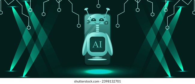 
Set 3d android Robot on Futuristic background with Spotlight. Flying Artificial Intelligence character on chip green background. Vector illustration can used web banner, poster and social media.