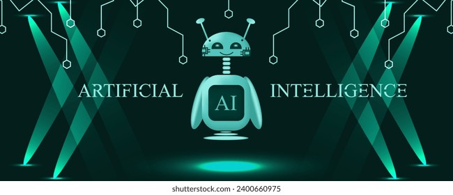 
Set 3d android Robot on Futuristic background with Spotlight. Flying Artificial Intelligence character on chip green background. Vector illustration can used web banner, poster and social media.