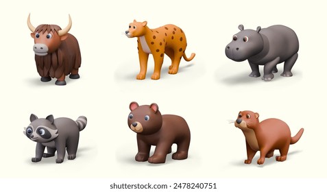 Conjunto de animales 3D en estilo de dibujos animados. Yak, guepardo, hipopótamo, mapache, oso pardo, nutria