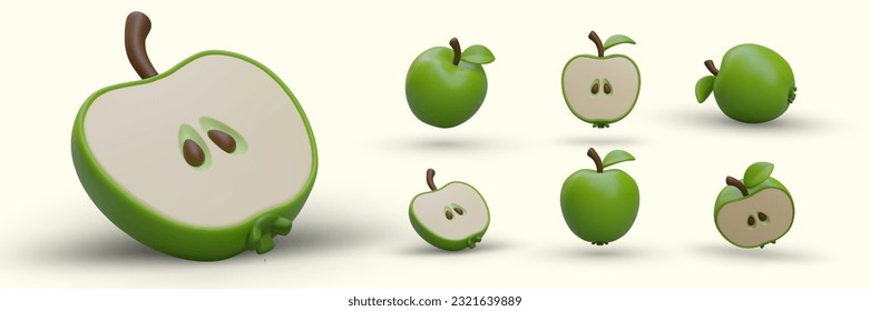 Set of 3D apples in cartoon style. Ripe green fruits with leaves. Juicy sweet natural products. Whole apples, halves, pieces. Ingredients for baking, jam, juices. Color icons with shadows