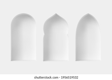Set of 3d Arabic style windows. Architectural design elements for muslim holidays. Realistic minimal style. Vector illustration.