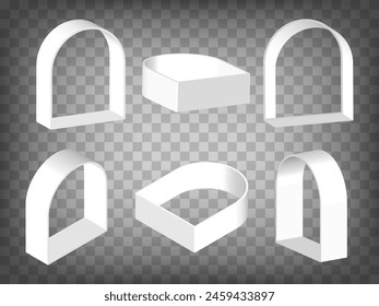 Set of 3d arched frame on transparent background. Arched frame3d icon illustration with different views and angles.  Abstract concept of graphic elements for your design. EPS10.