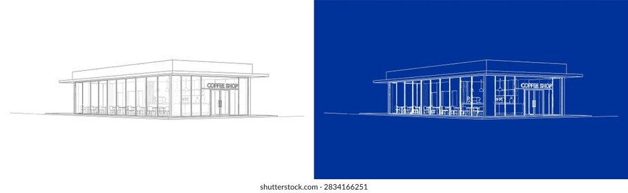 Set of 3D architectural perspective line art illustrations featuring a modern coffee shop cafe exterior with large glass floor-to-ceiling windows, flat roof overhang, entrance doors, and interior seating wireframe, presented in black outline on white and white blueprint drawing on dark blue background options.