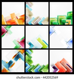 Set of 3d arrow backgrounds. Collection of vector web brochures, internet flyers, wallpaper or cover poster designs. Geometric style, colorful realistic glossy arrow shapes, blank templates with